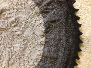 What I think of as the "cat spit" stage. I'm done, but unblocked the fabric is lumpy and uninspiring.